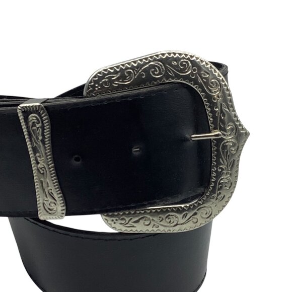 Vtg Black Western Style Belt Ornate Silver Buckle 25-29” Waist 2" Wide - Picture 2 of 6